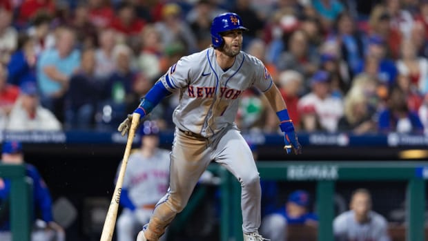Sep 21, 2023; Philadelphia, Pennsylvania, USA; New York Mets second baseman Jeff McNeil (1) this a triple during the fourth inning against the Philadelphia Phillies at Citizens Bank Park.